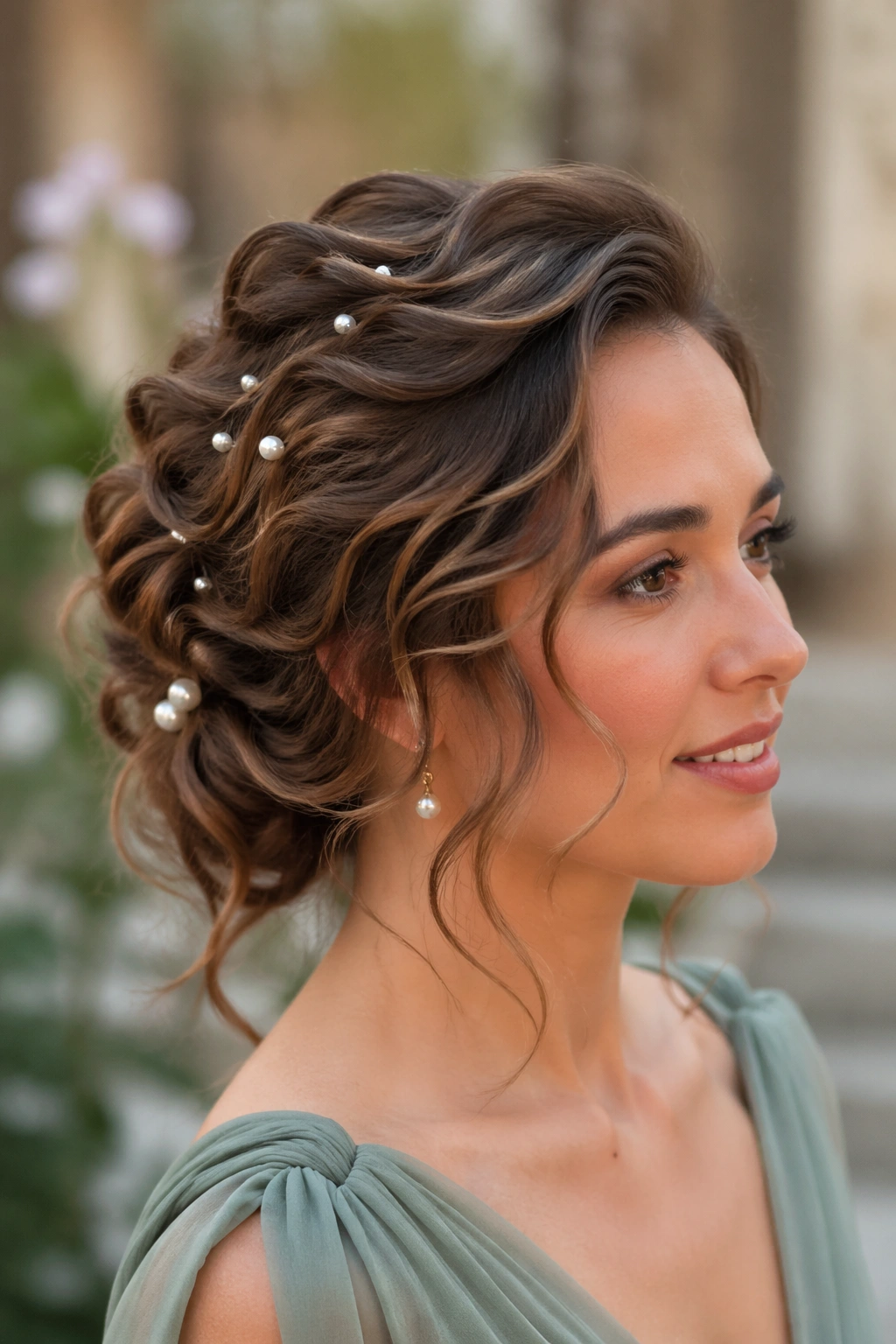 Close-up of a real woman with a wavy updo and scattered pins at a wedding venue