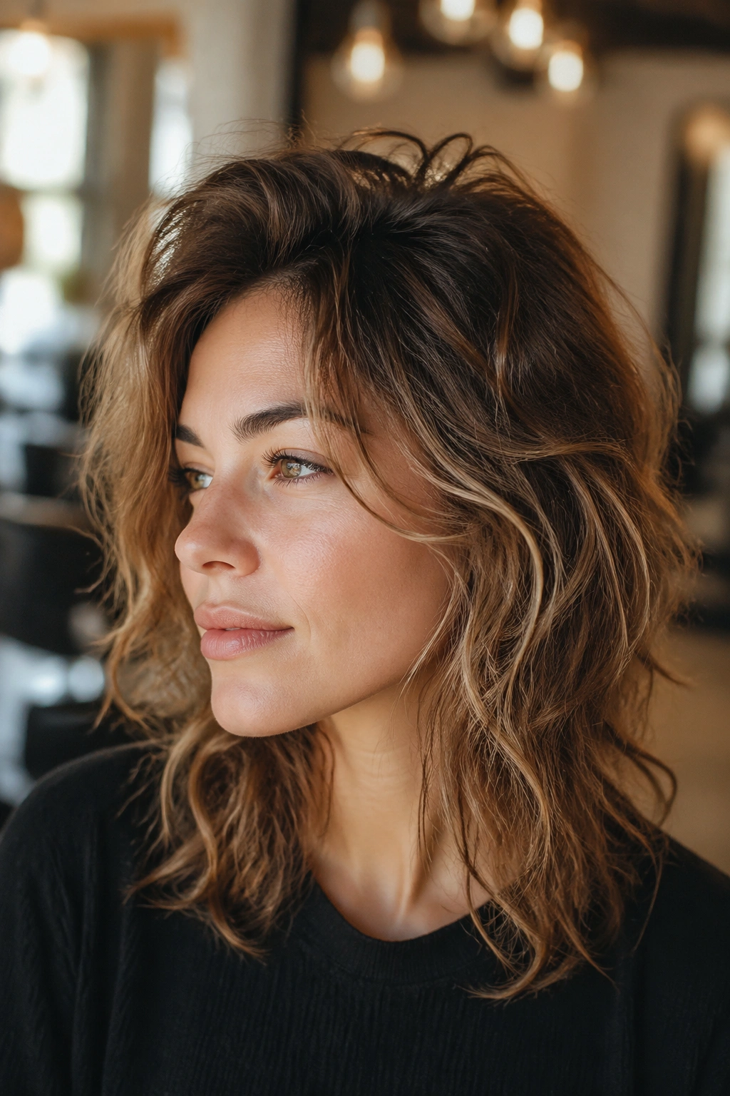 Close-up of a real person with fine, wavy hair showing lift at the crown in a sunlit salon