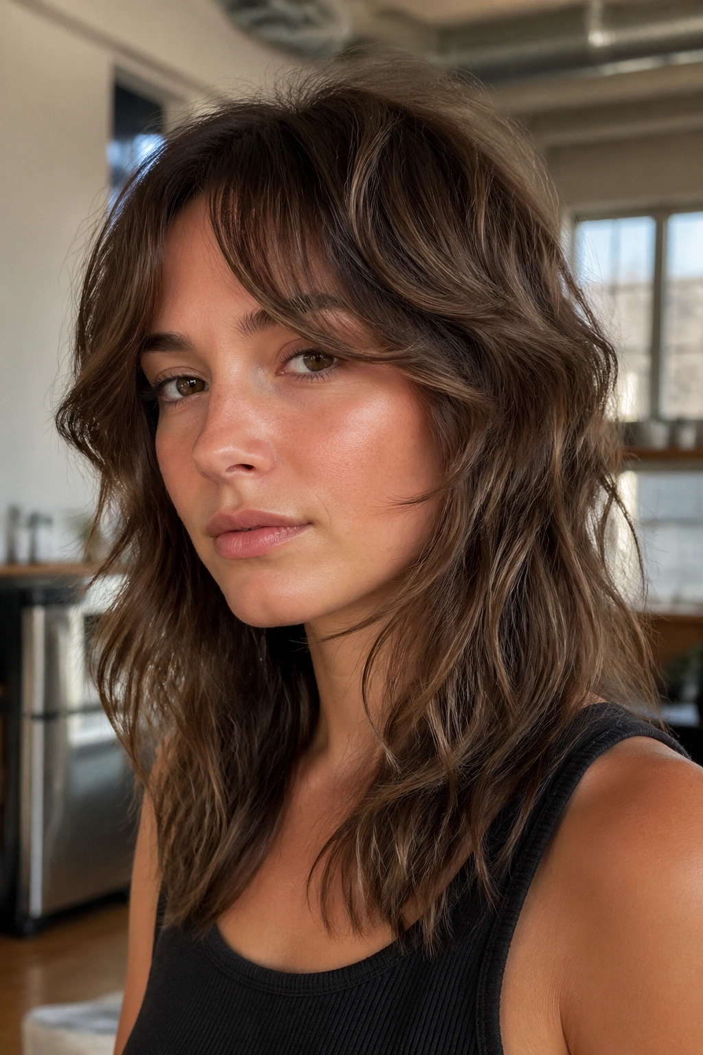 Real woman with wavy wolf cut hairstyle