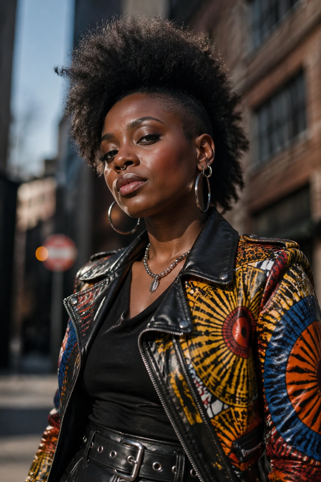 Portrait of a woman with natural hair and wax print jacket plus leather accessory.
