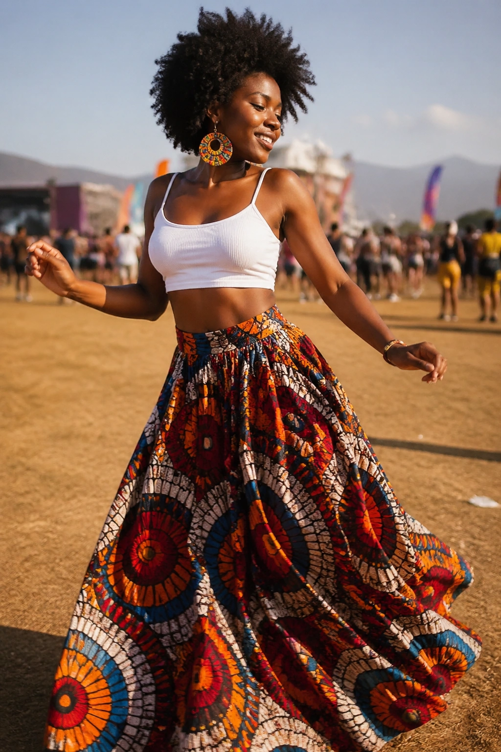 Mid-shot of a person in a wax-print maxi skirt and white crop top moving at an outdoor festival