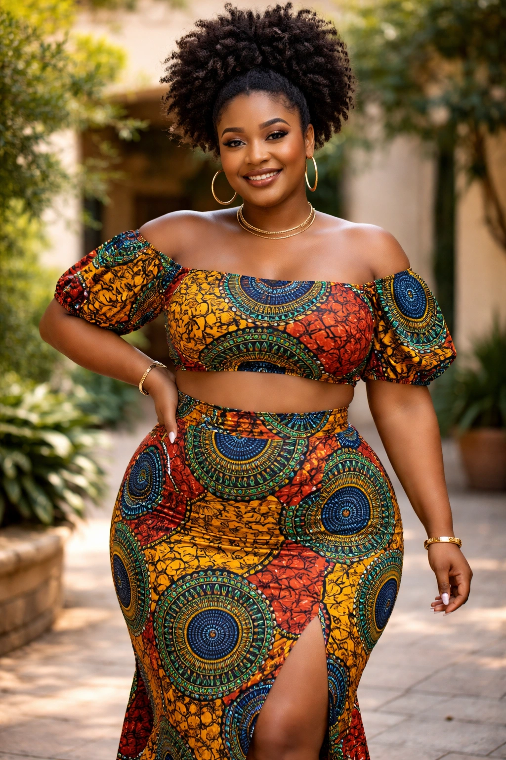 Plus-size model in wax print two-piece set outdoors
