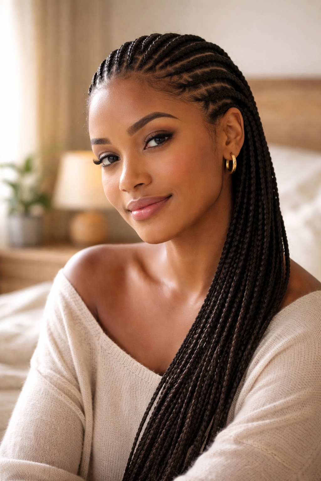 Close-up of a real woman with cornrows relaxing in a softly lit bedroom.