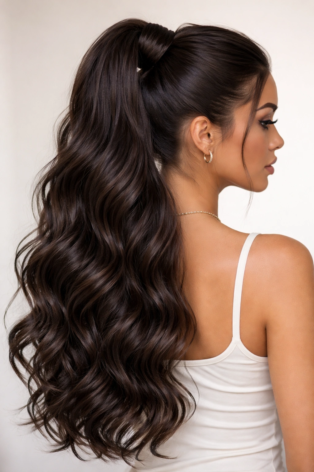 High weave ponytail on wavy hair with crown placement and flowing waves