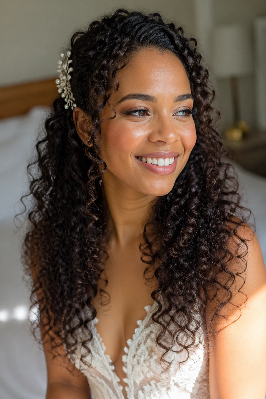 Close-up portrait of a real bride with down natural curls in soft morning light