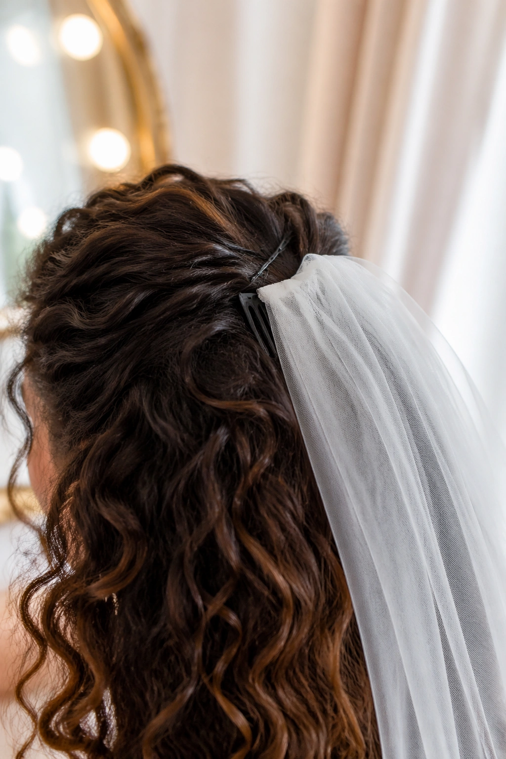 Close-up crown lift with veil attachment in curly bridal hair.