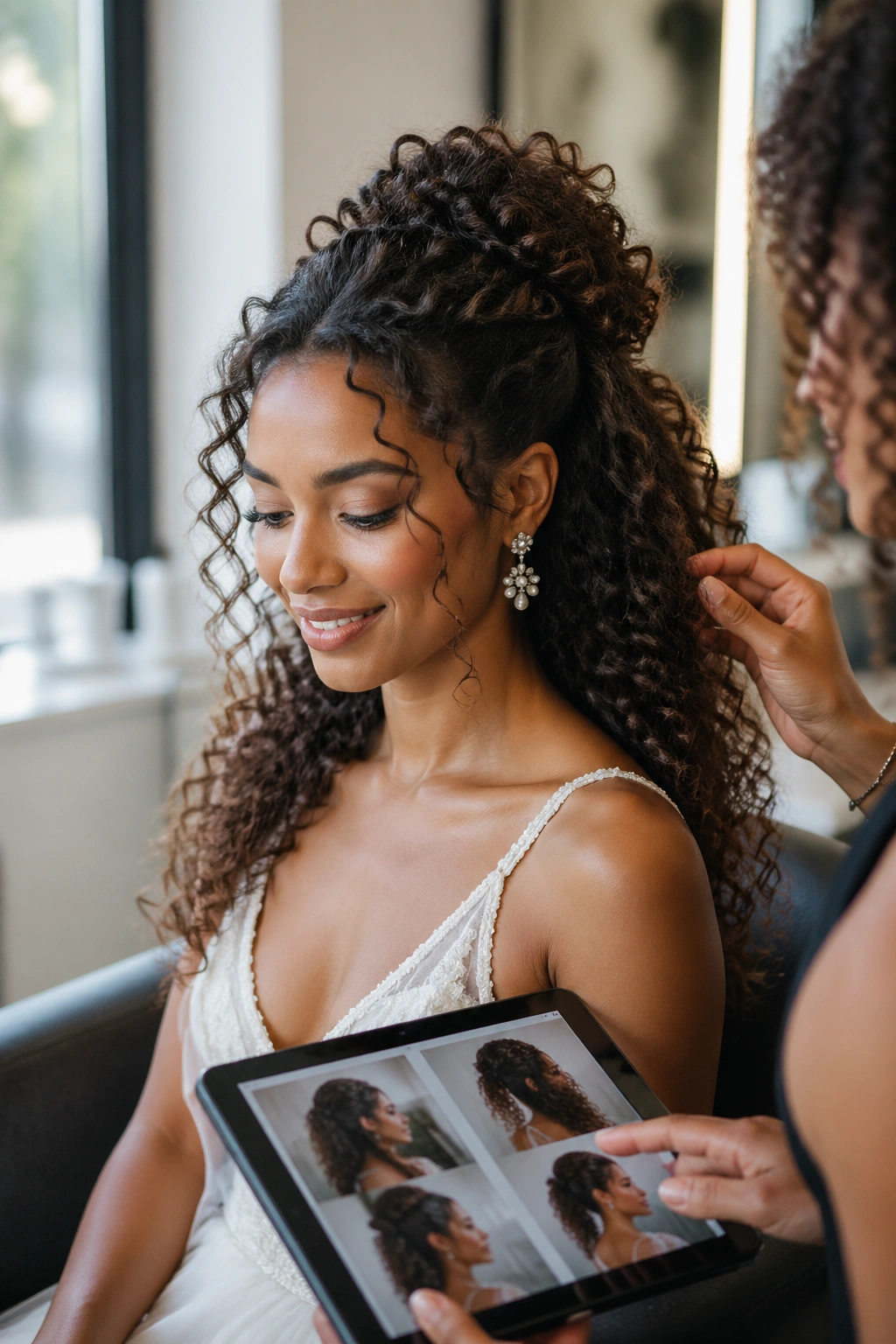 Bride in salon during hair consultation with stylist and inspiration tablet