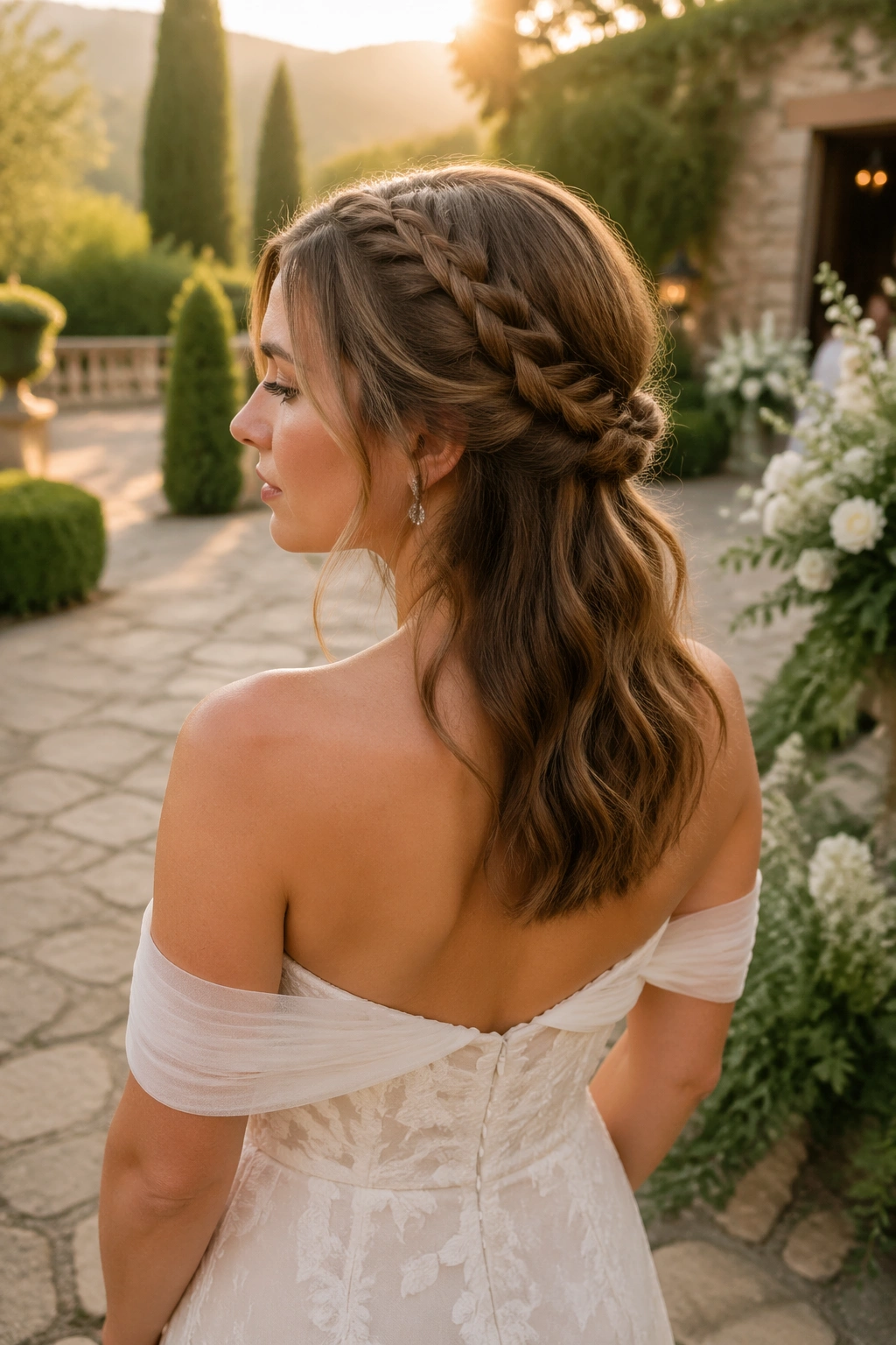 Wide garden shot of side Dutch braid into a low twist with off-shoulder dress.