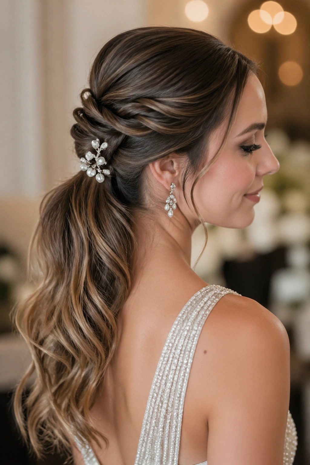 Real woman with wedding-ready half up updo ponytail with pearls