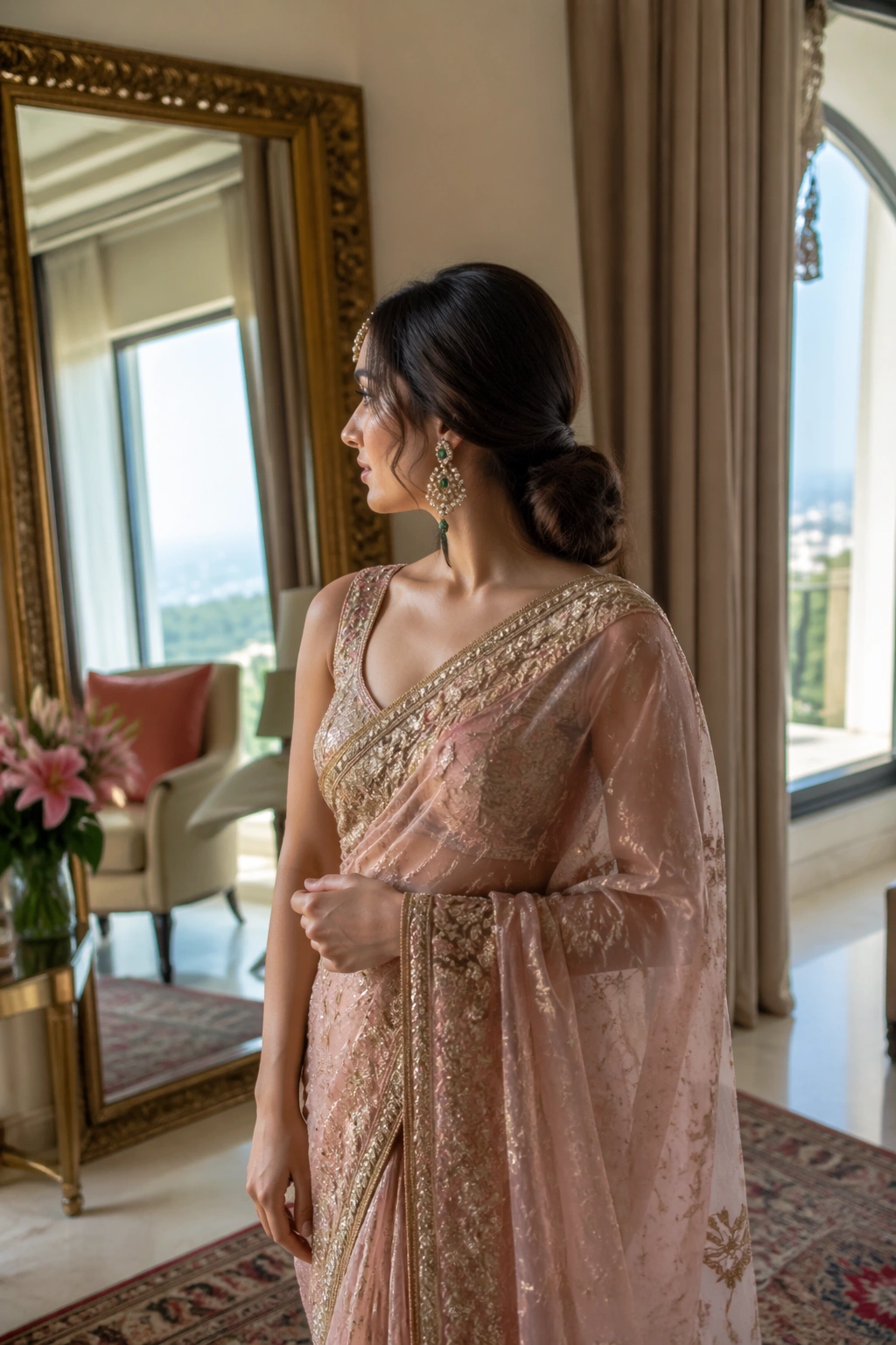Bride in saree with low tucked ponytail and face-framing tendrils