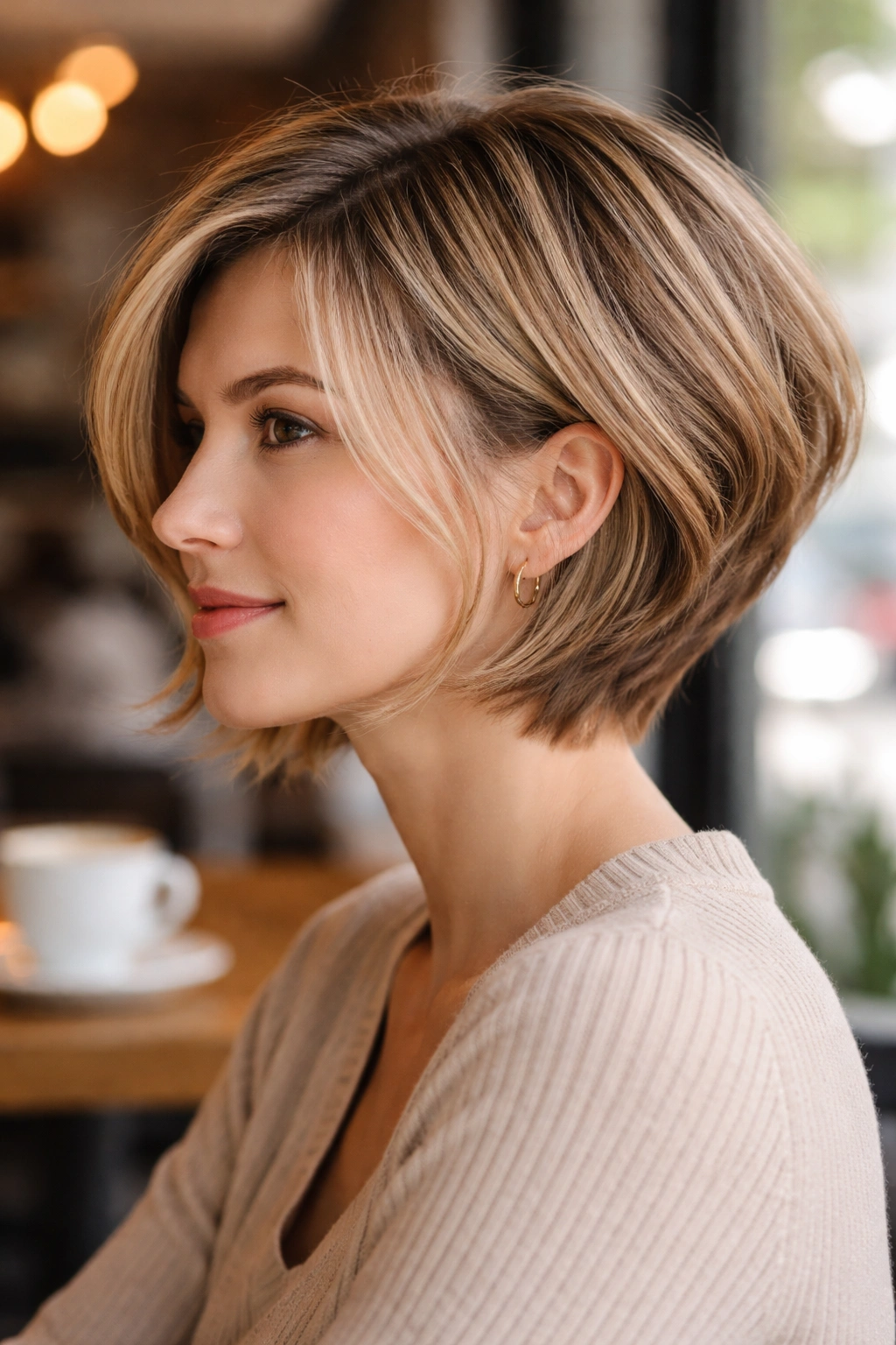 Close-up portrait of real woman with wedge bob and gentle angle