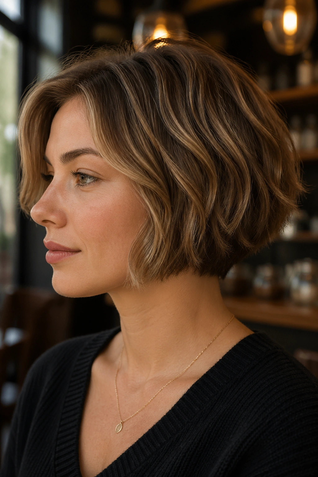 Close-up of real person with wedge bob in warm cafe lighting