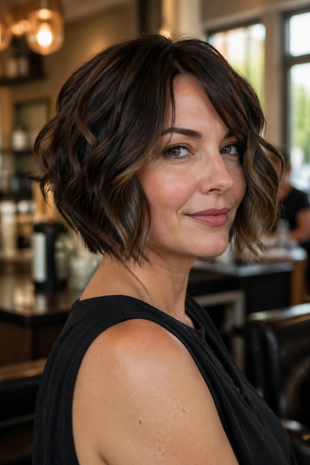 Close-up of a real woman with wedge bob and textured waves in urban cafe light