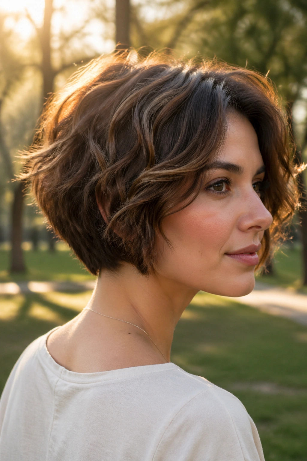 Portrait of a real woman with a wedge bob in golden hour light.