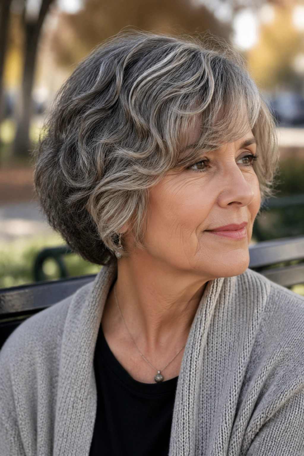 Close-up of a real woman with a wedge cut and longer fringe in outdoor daylight