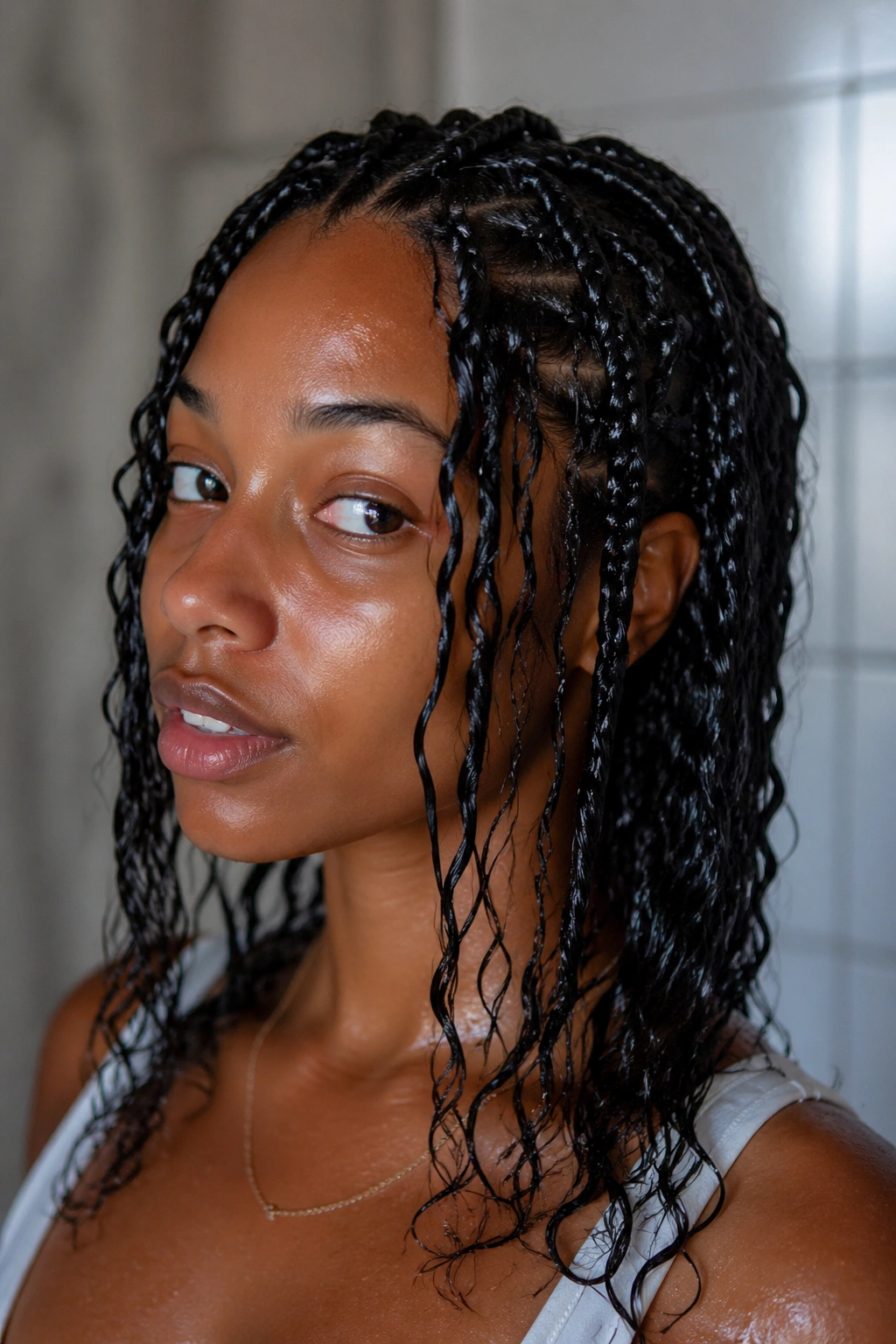 Close-up of a real woman with soaking-wet braid-out and defined waves