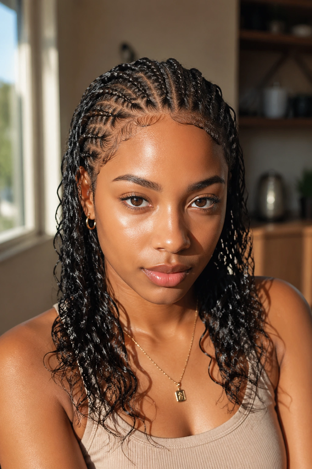 Front portrait of person with wet cornrows and free ends