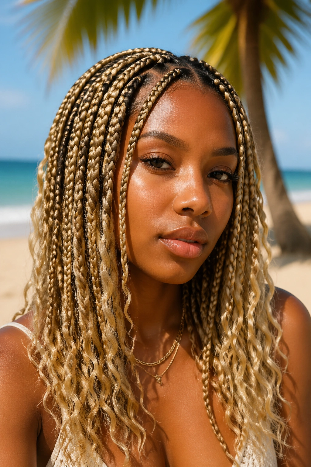 Portrait of a Black woman with wet-curl vacation blonde braids outdoors