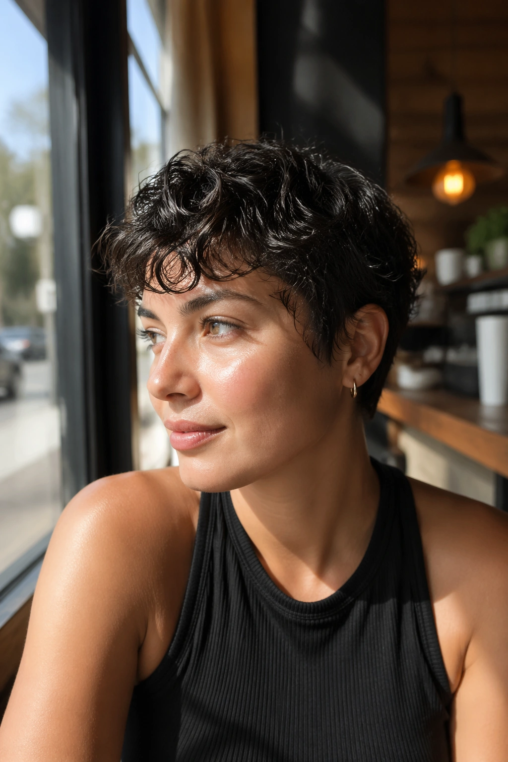 Cafe portrait showing glossy, damp-looking curls in a wet-look crop.