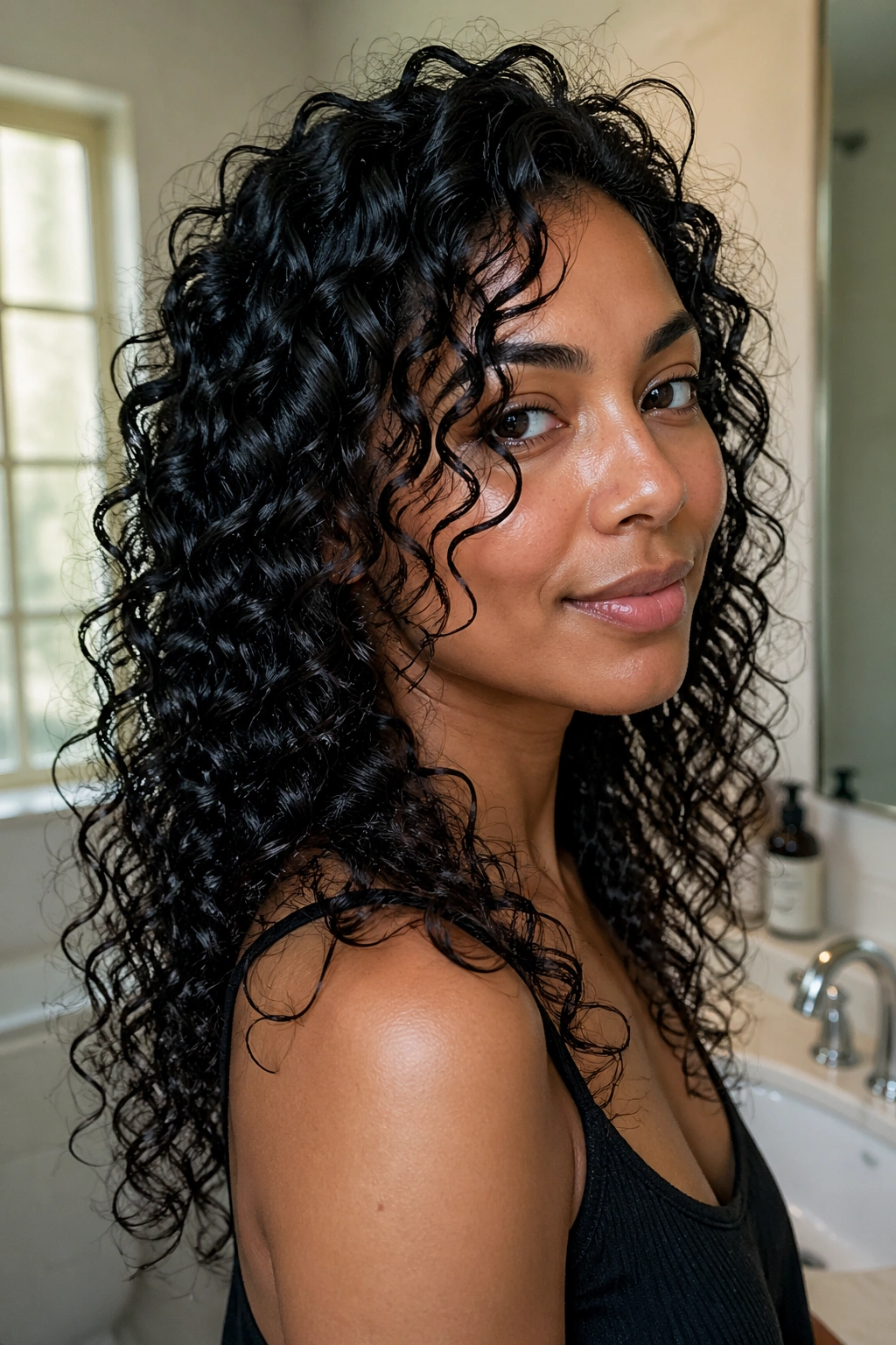 Real woman with refreshed wet curls on dry hair