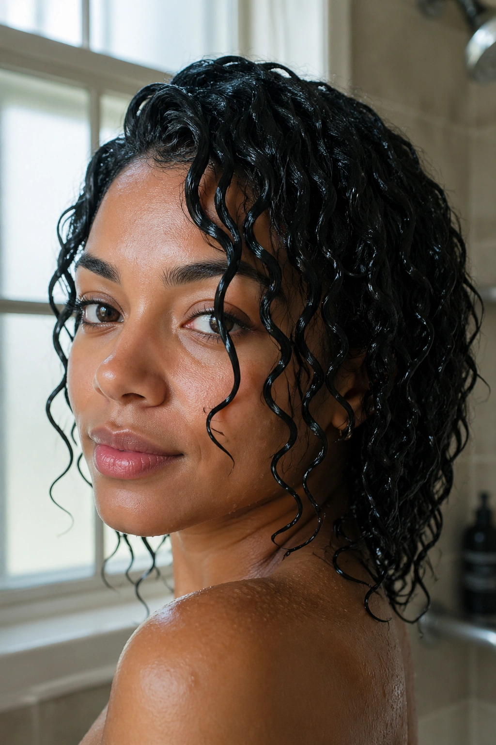 Close-up of a real woman with soaking-wet glossy natural curls in a softly lit bathroom.