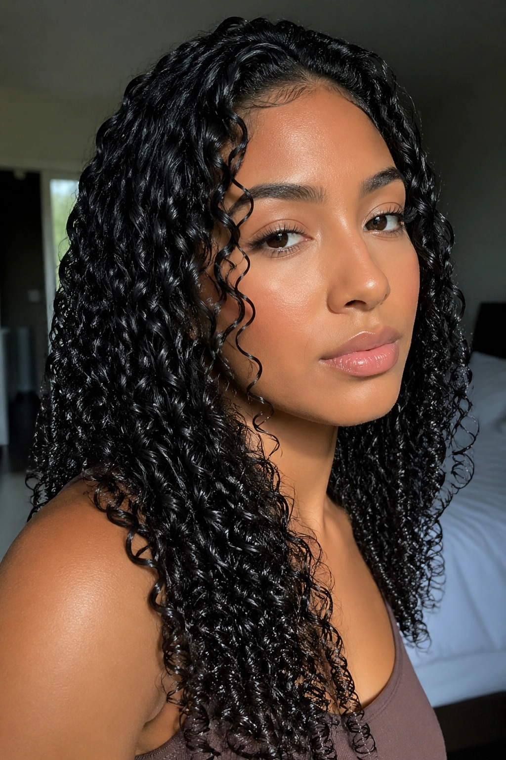 Close-up of a real person with polished wet curls in natural light
