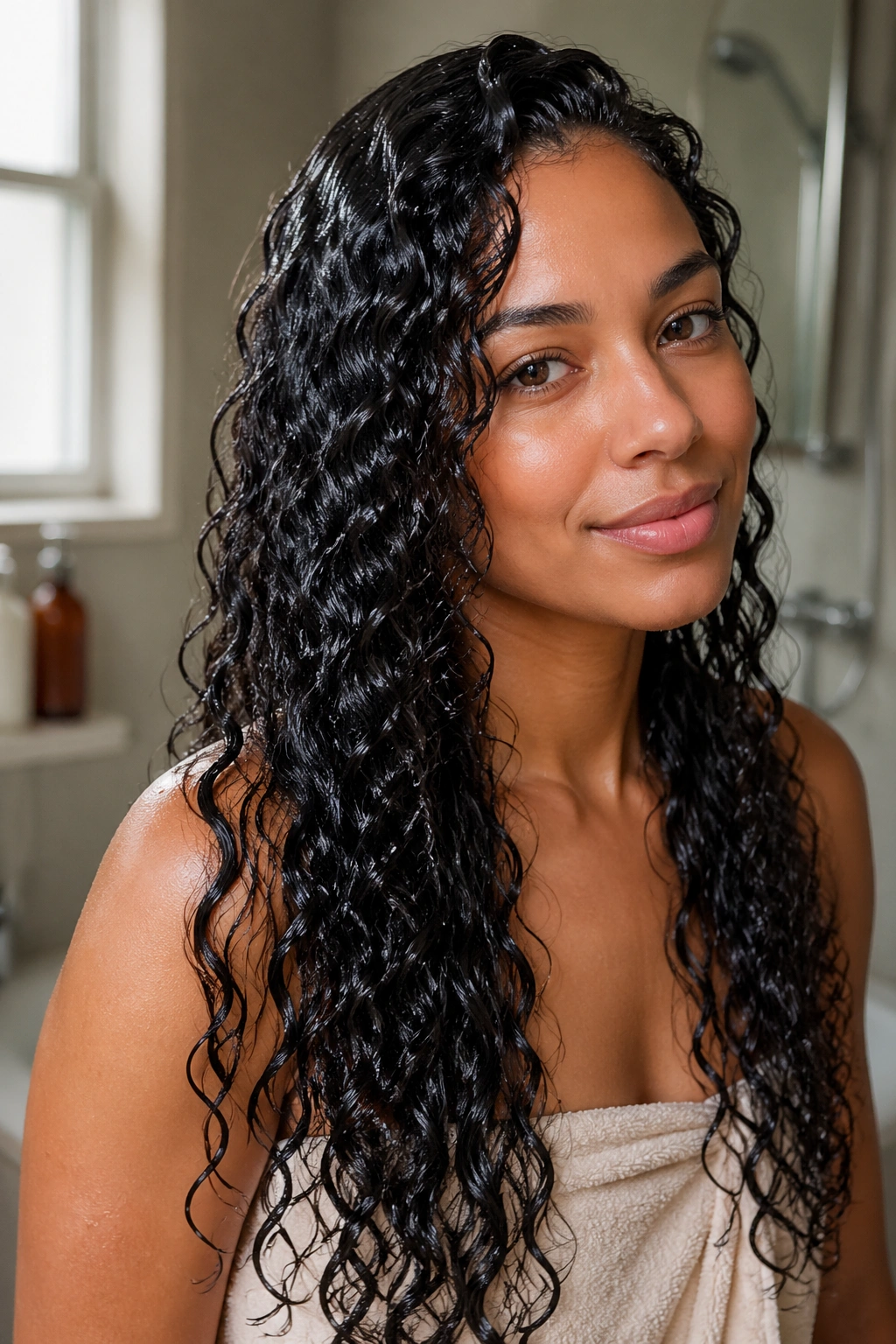 Close-up of a real woman with glossy wet curls in a softly lit bathroom.
