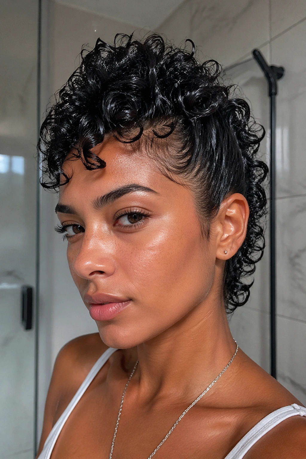 Close-up of a real person with wet-defined curly mohawk and glossy highlight in bathroom setting