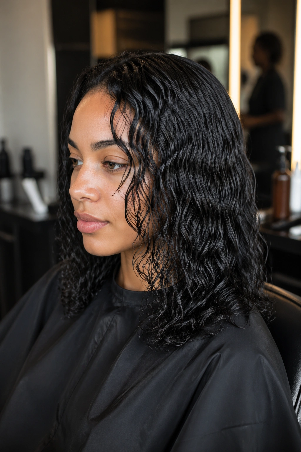 Portrait of a person with damp wavy hair in a salon setting