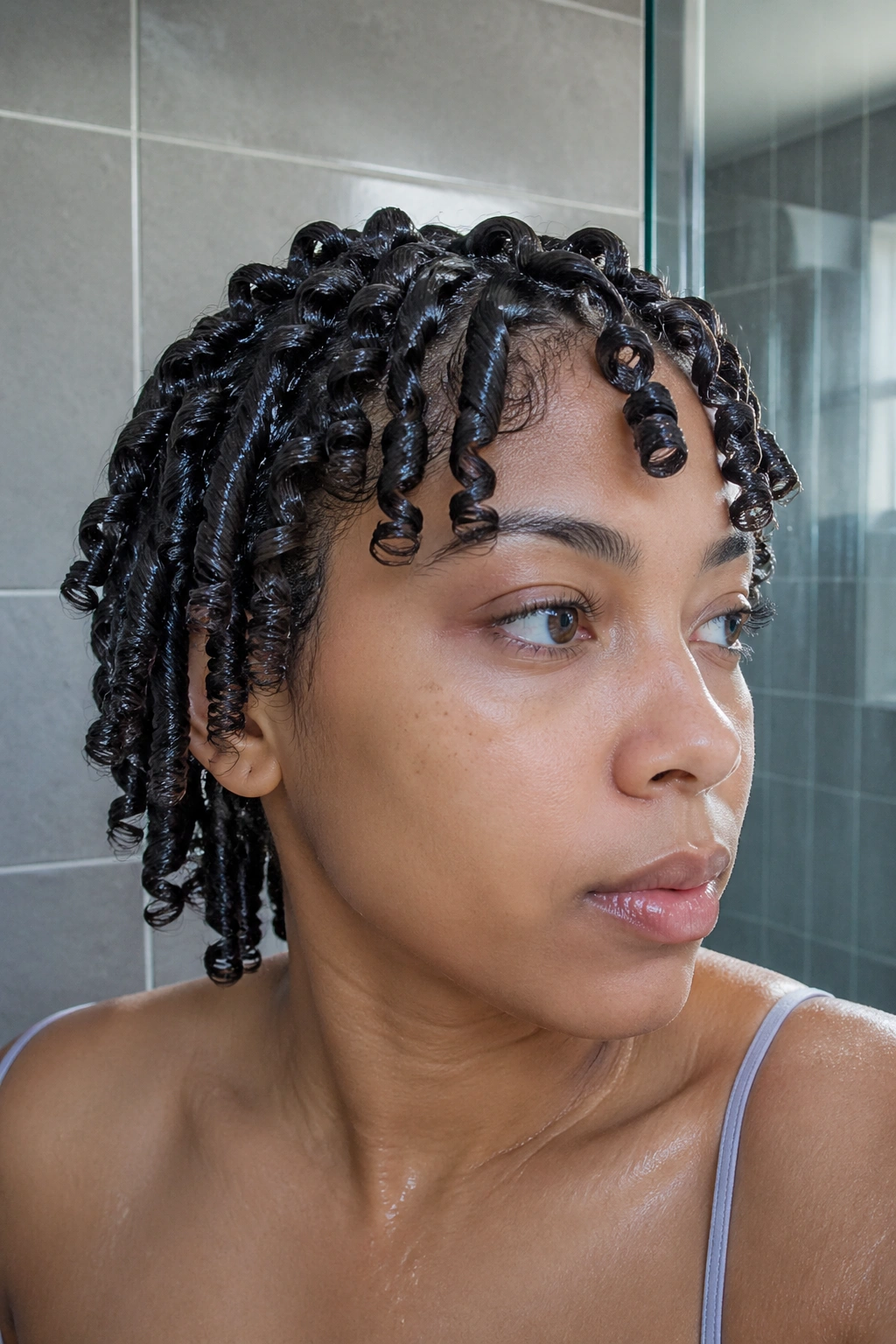 Close-up of a real woman with wet finger coils and defined spiral curls