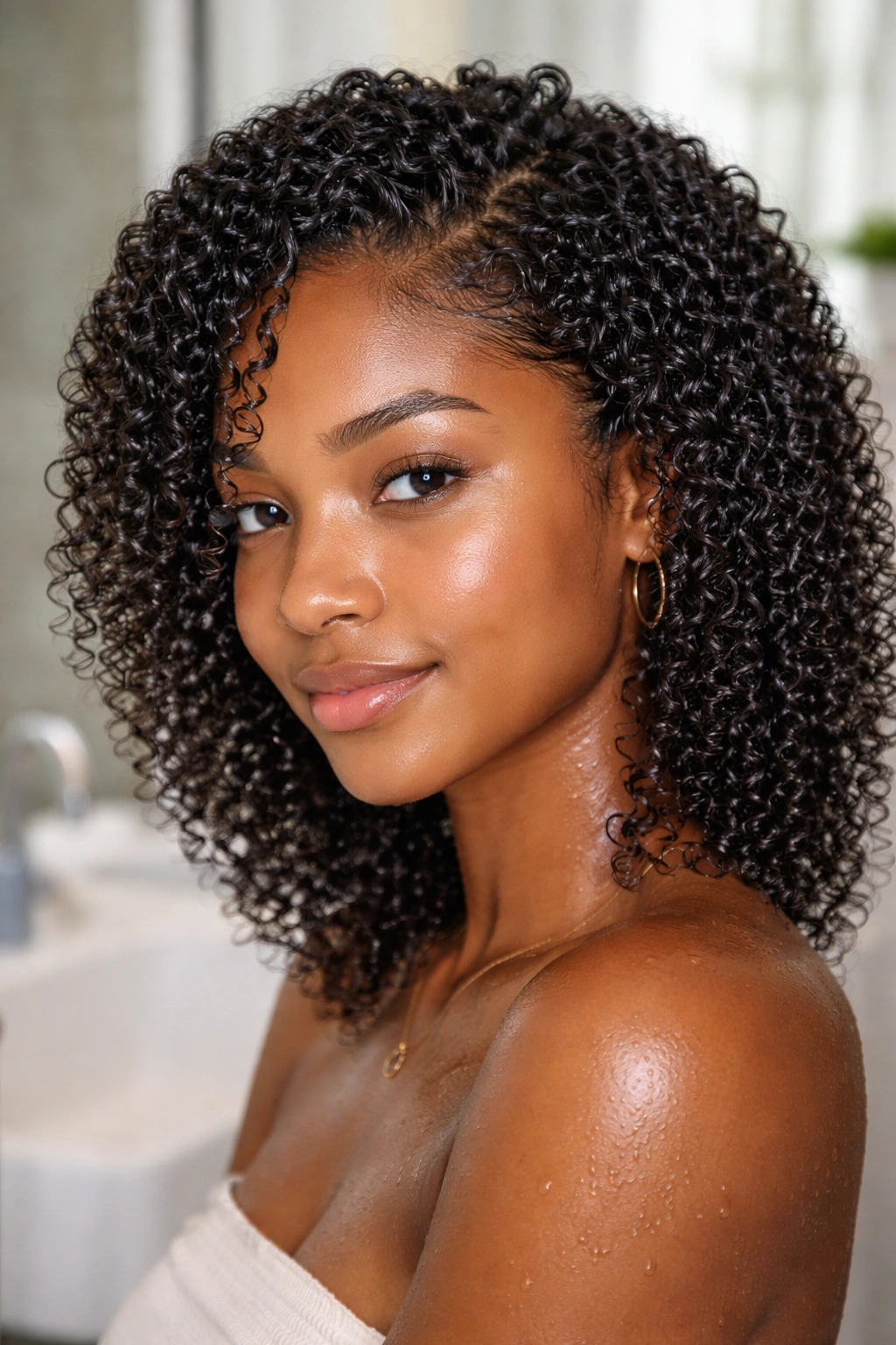 Close-up of a real person with wet finger curls showing maximum definition