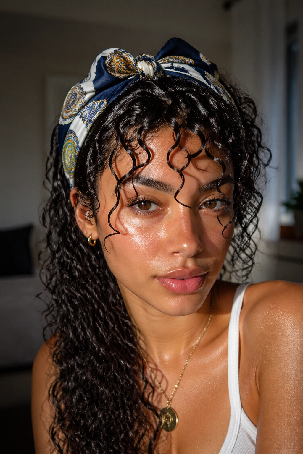 Real person wearing accessory with wet curls