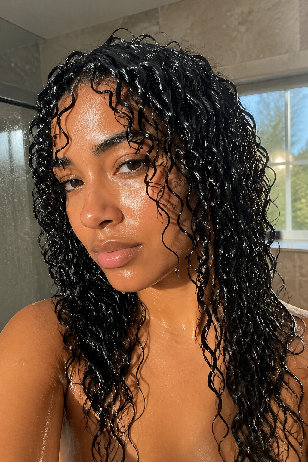 Close-up of soaking-wet wash-and-go curls on a real woman in a bathroom