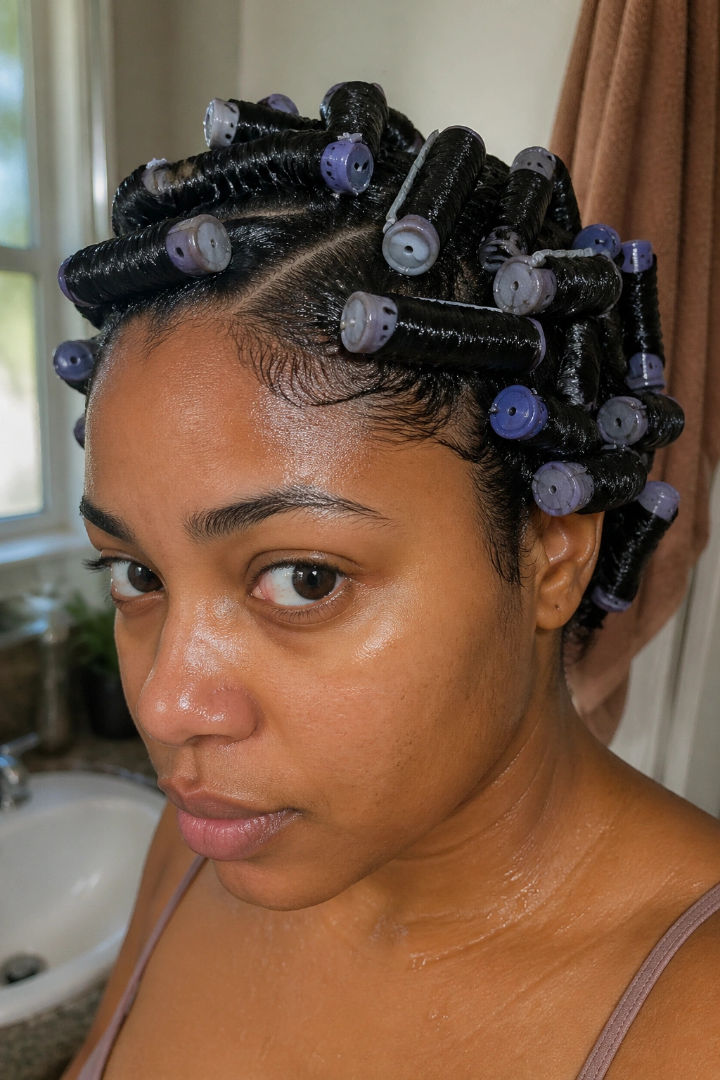 Close-up of a real woman with wet natural hair wrapped around curling rods for maximum definition
