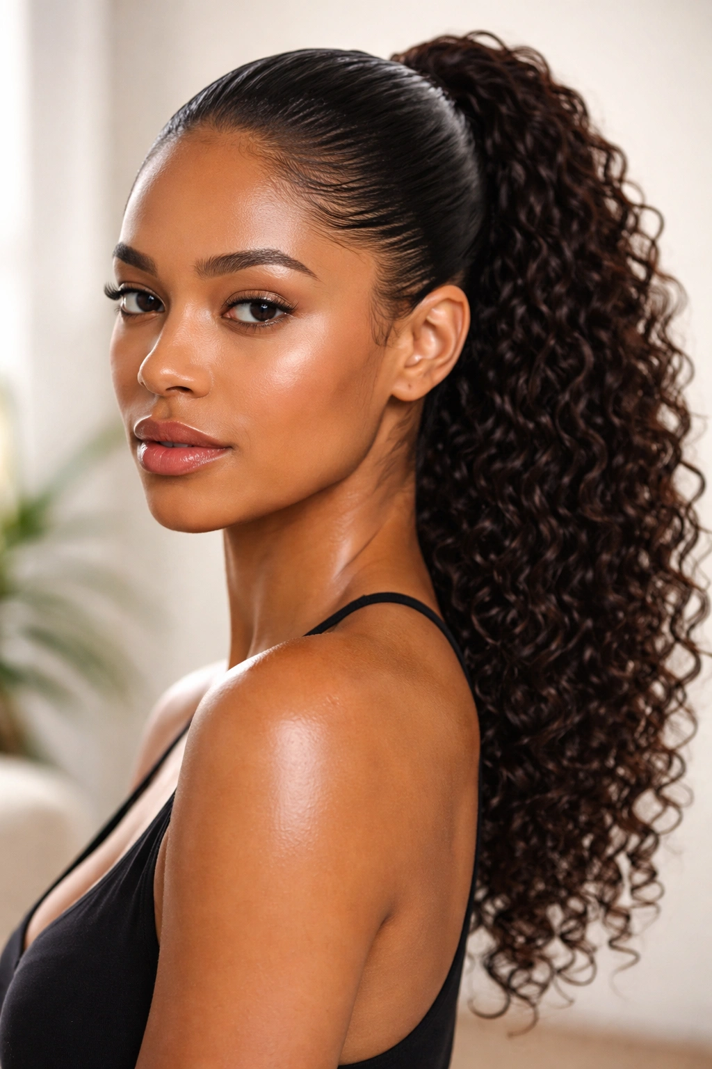 Front-facing view of a 3B wet-look ponytail with glossy, sleek crown