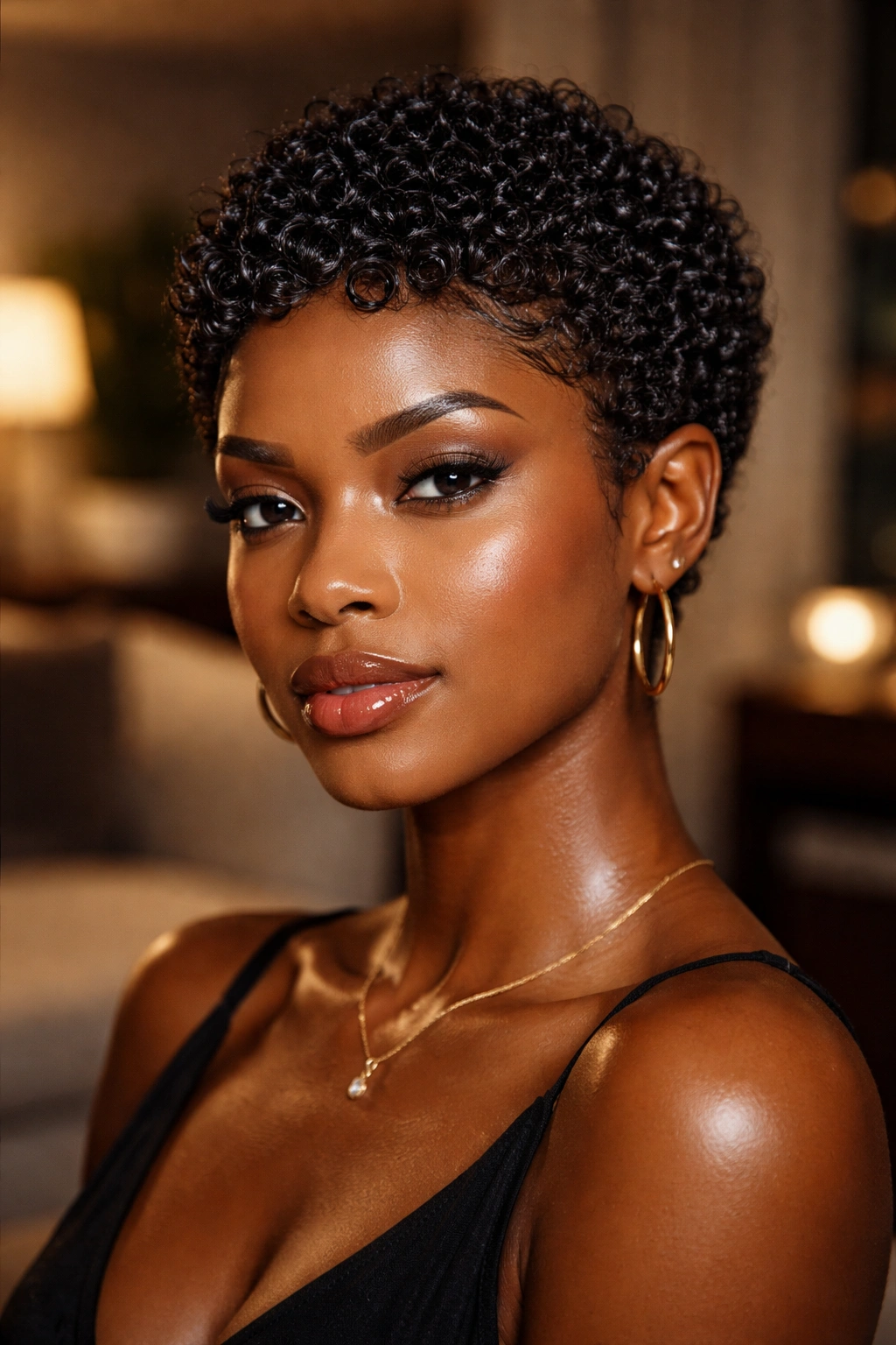 Close-up of a real woman with a wet-look small afro showing glossy curls.