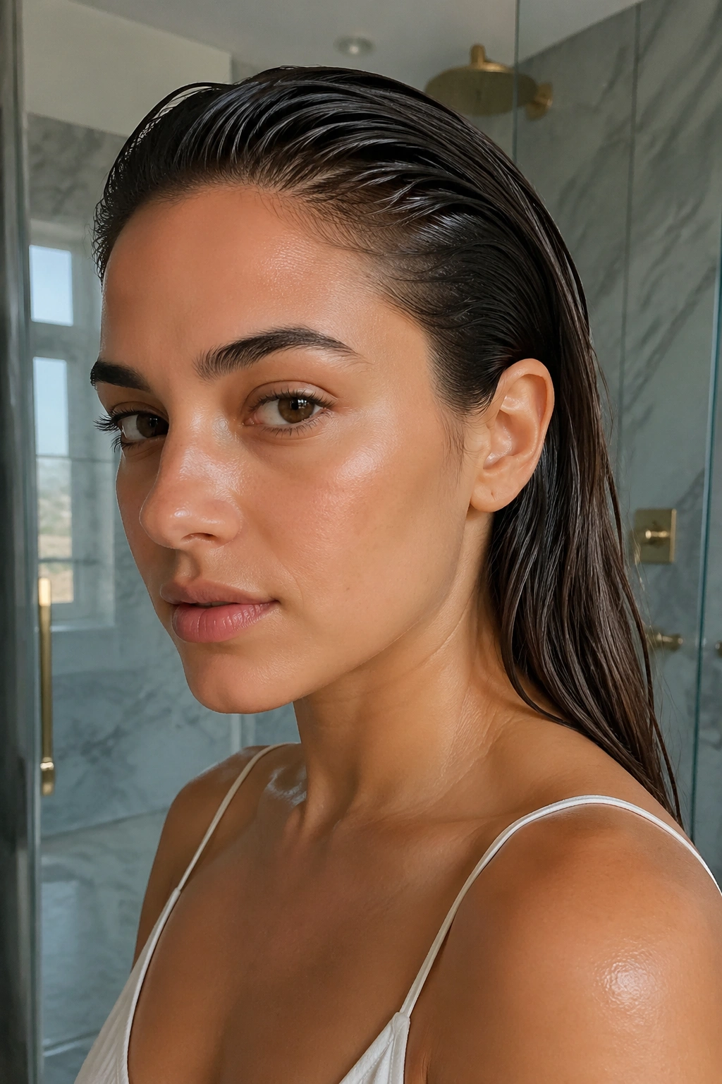 Close-up of a real person with a glossy wet-look back sweep hairstyle
