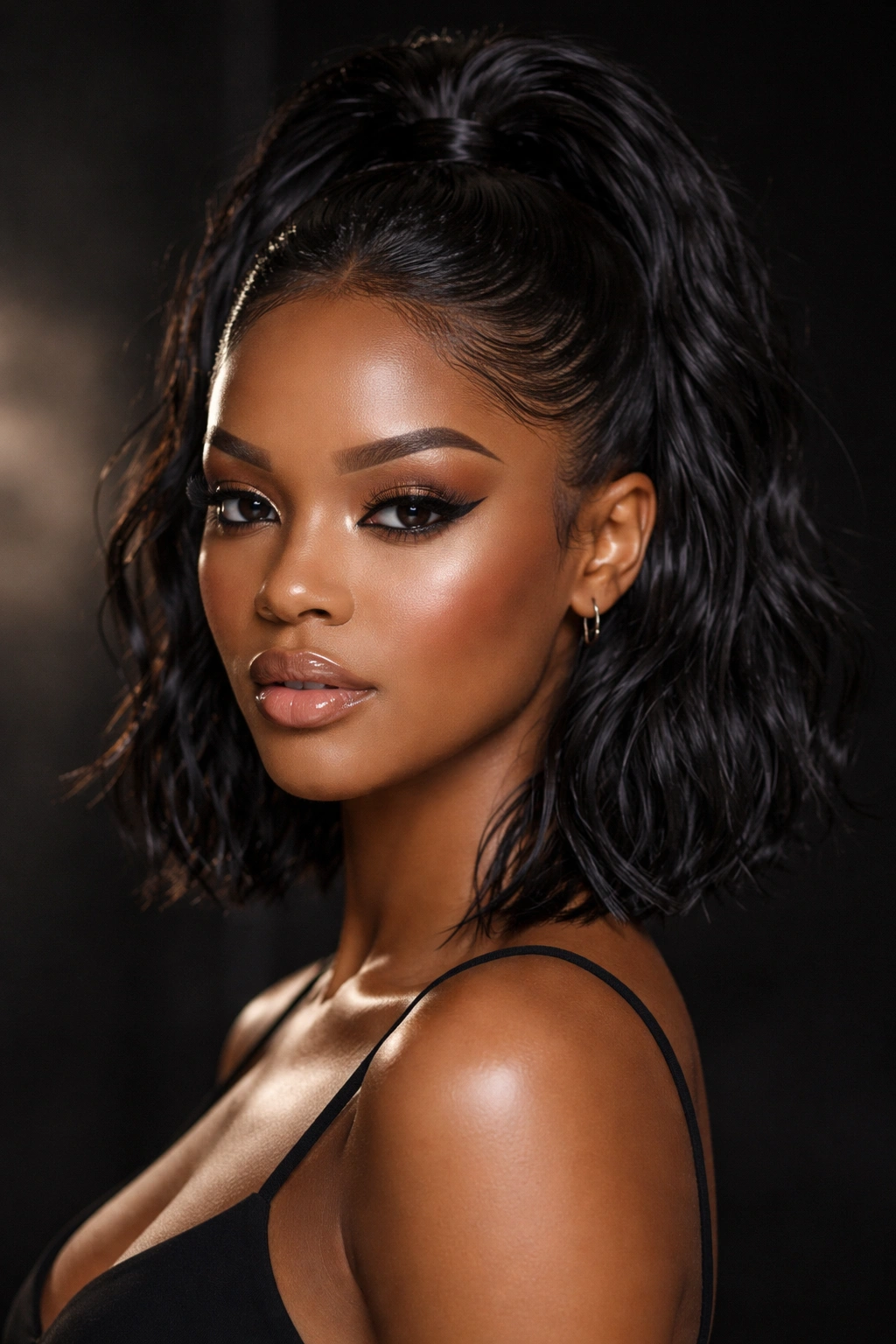 Glossy wet-look half-up bob with sculpted top and smooth bottom