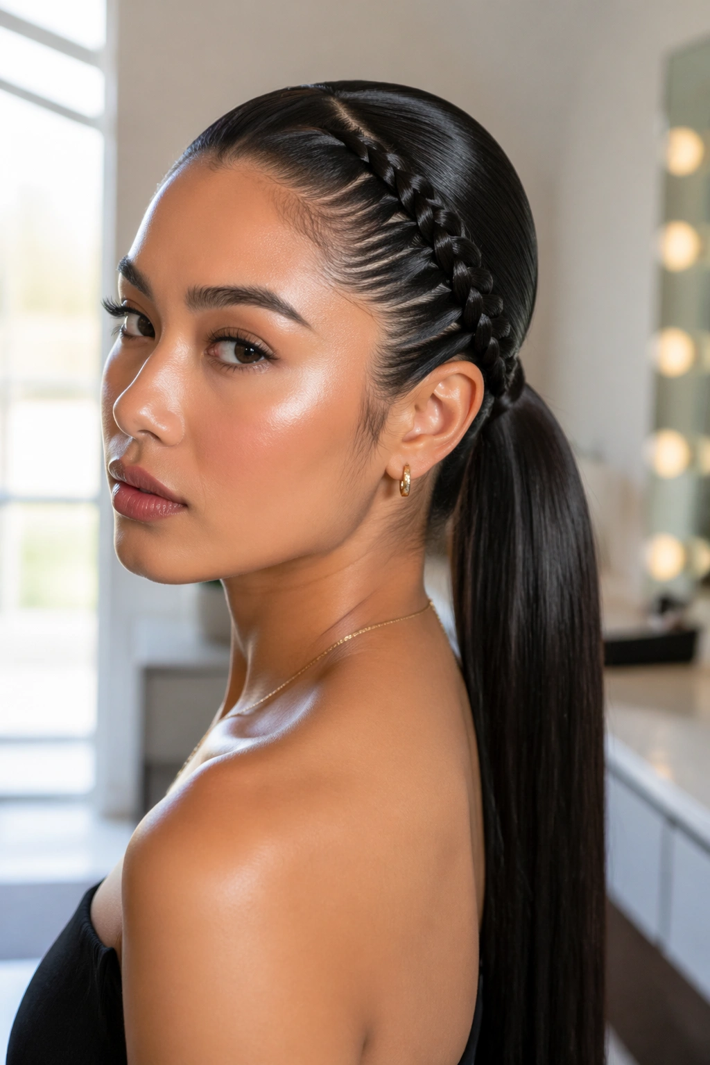 Close-up portrait of a real woman with a wet-look side stitch braid ponytail, glossy crown, natural window light.