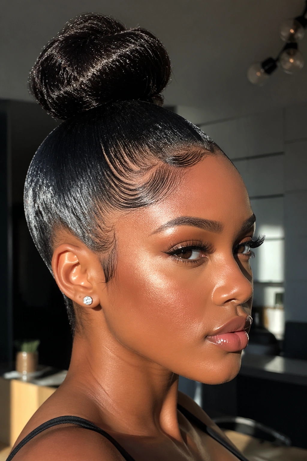 Close-up of a glossy wet-look bun on a real person
