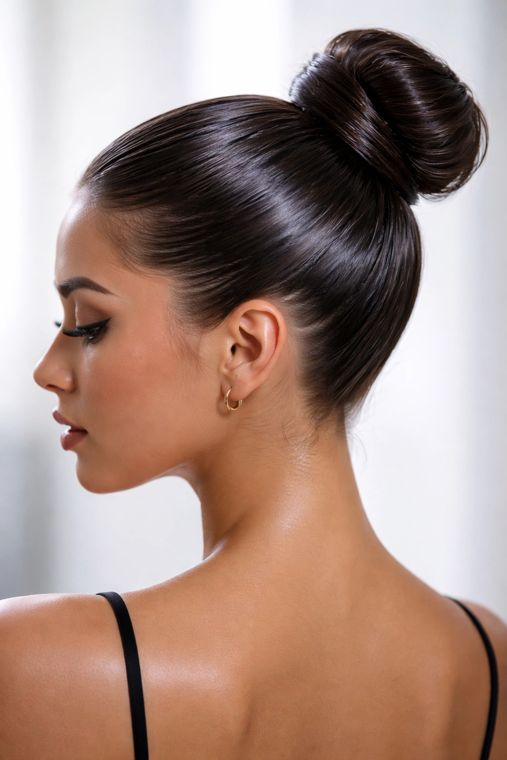 Close-up of wet-look sleek bun with glossy finish pinned underneath