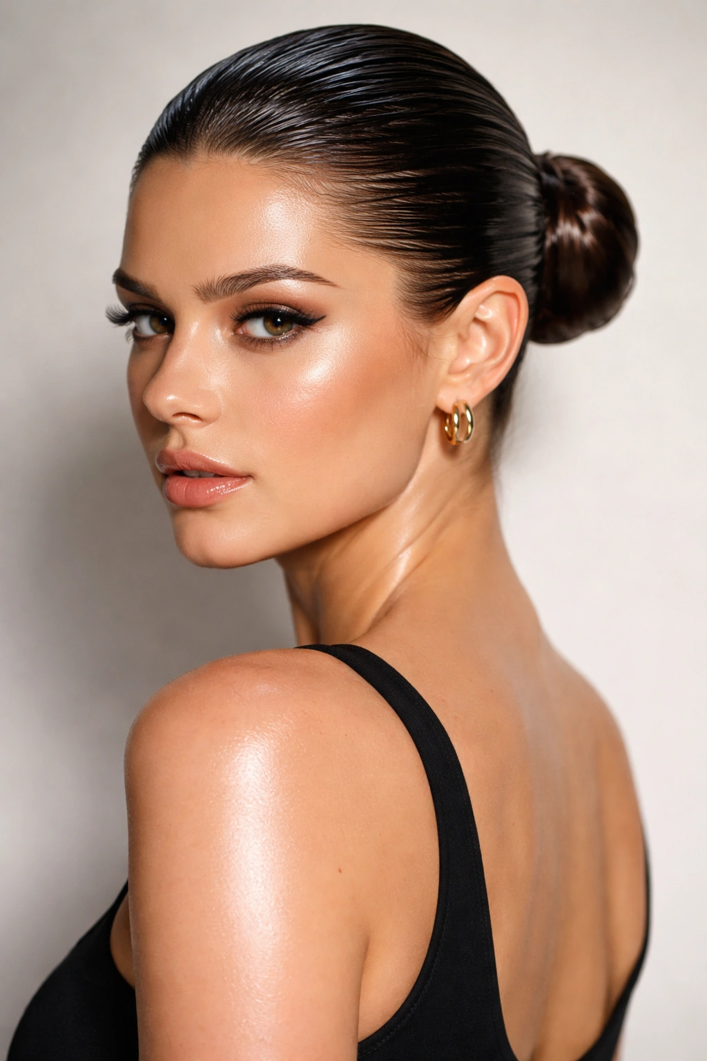 High-gloss wet-look bun with slicked-back hair.