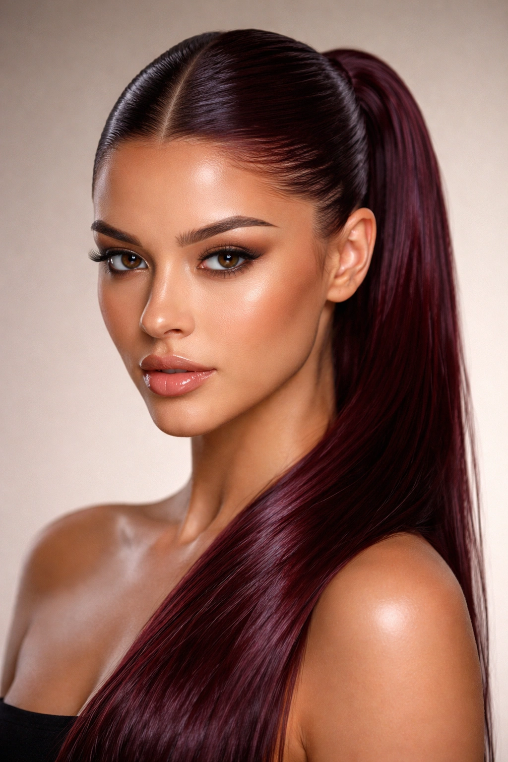 Wet-look burgundy ponytail with sharp center part