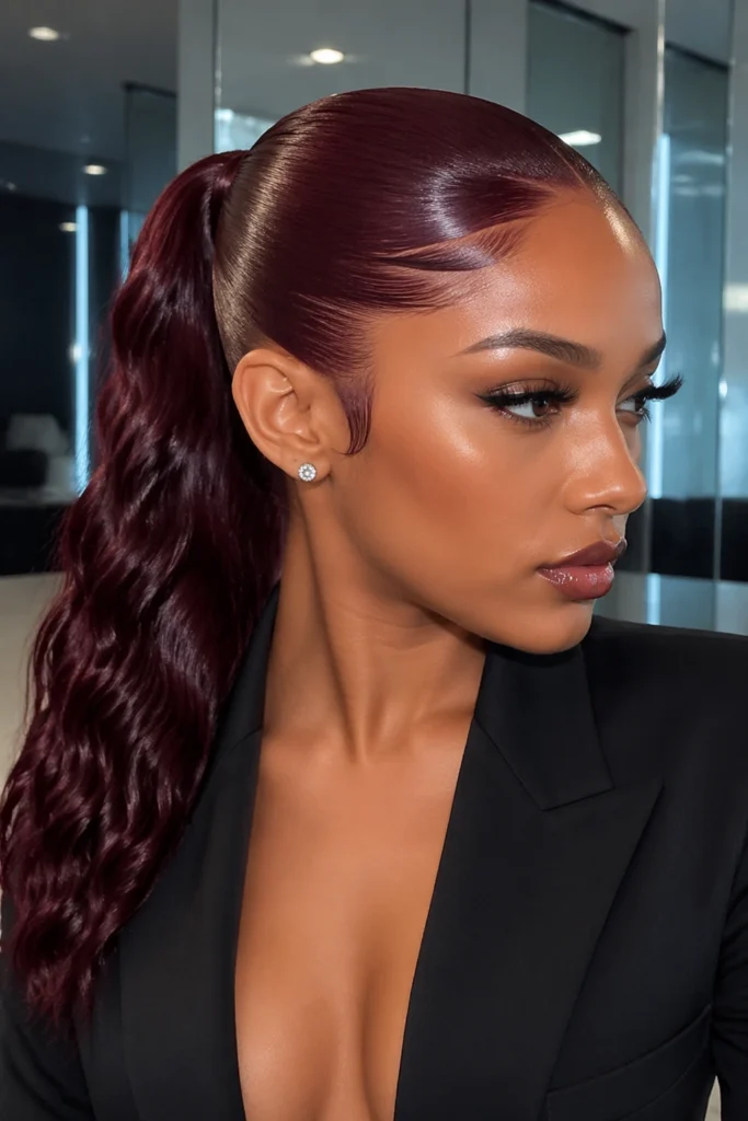 19 Burgundy Swoop Ponytails for a Rich Tone