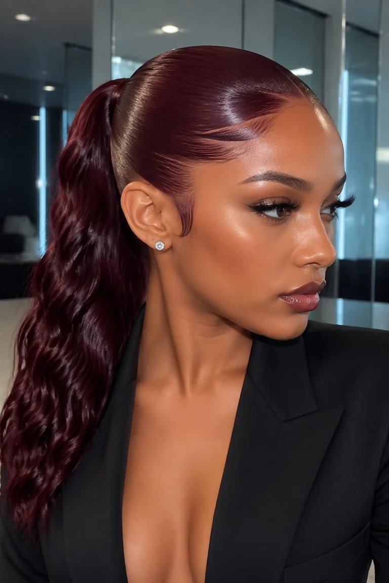 19 Burgundy Swoop Ponytails for a Rich Tone