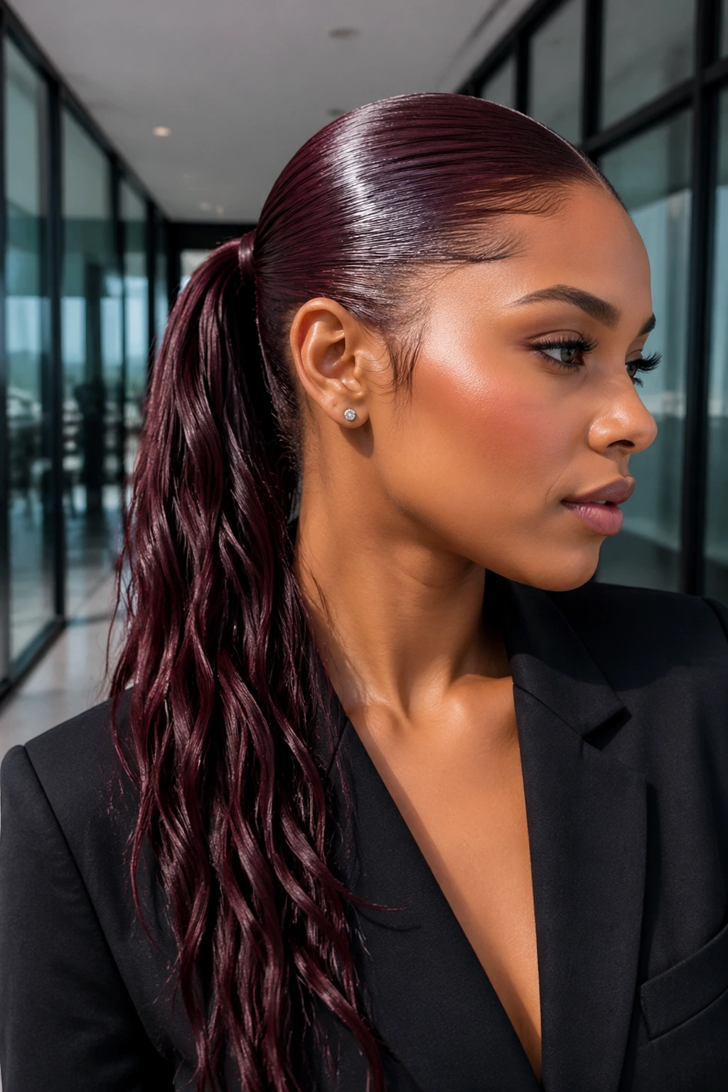 Real woman with wet-look burgundy swoop ponytail under crisp office lighting