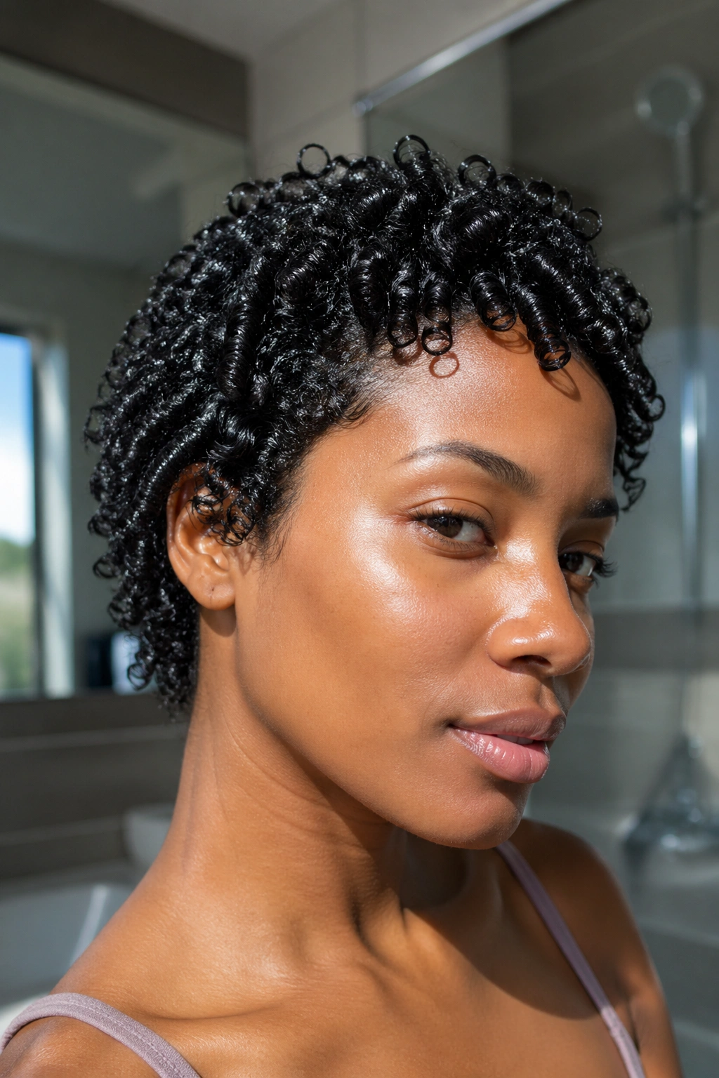 Close-up of a real person with glossy wet-look coil curls in a bathroom