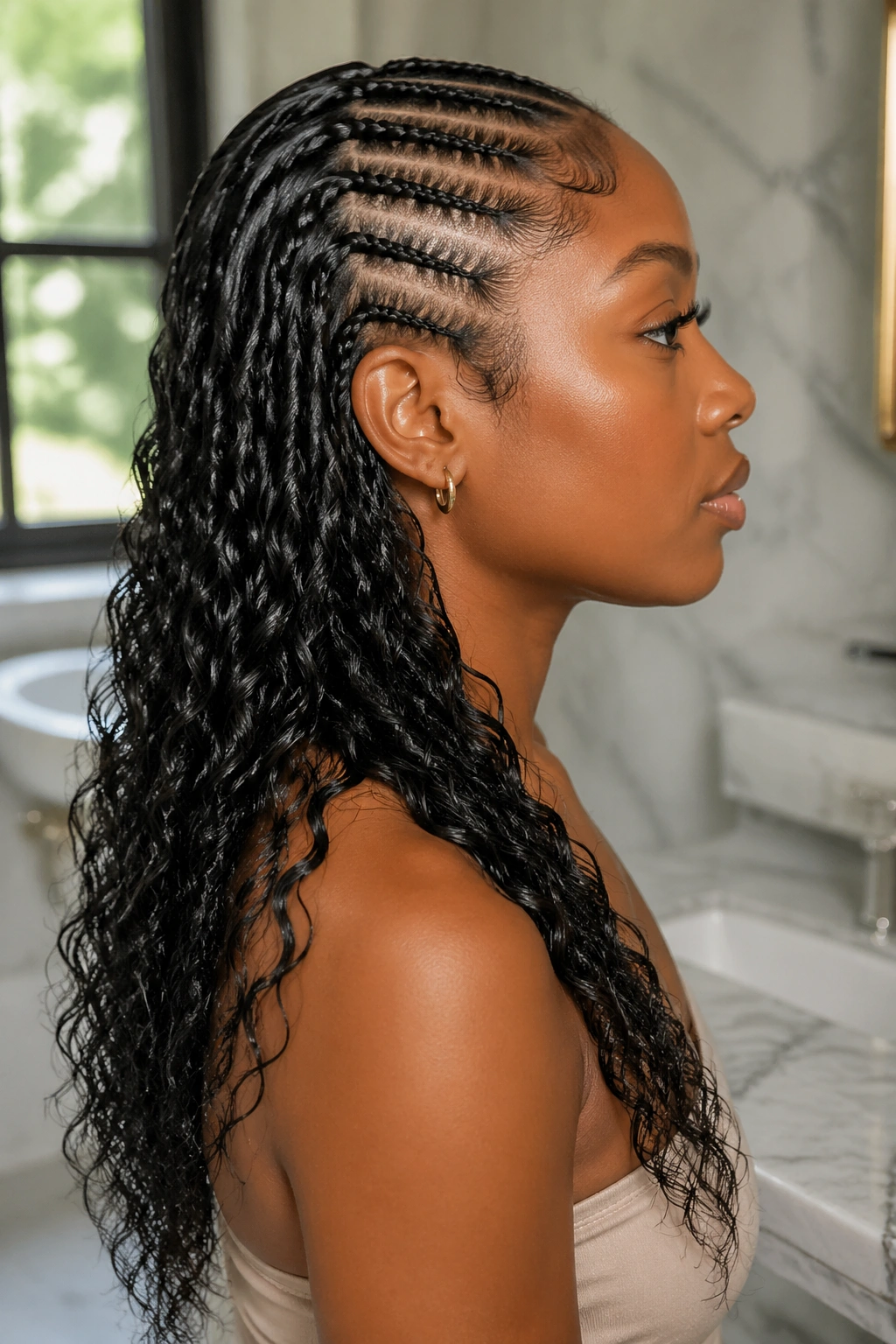 Profile of a real woman with matte cornrows and wet-look curls at bottom.