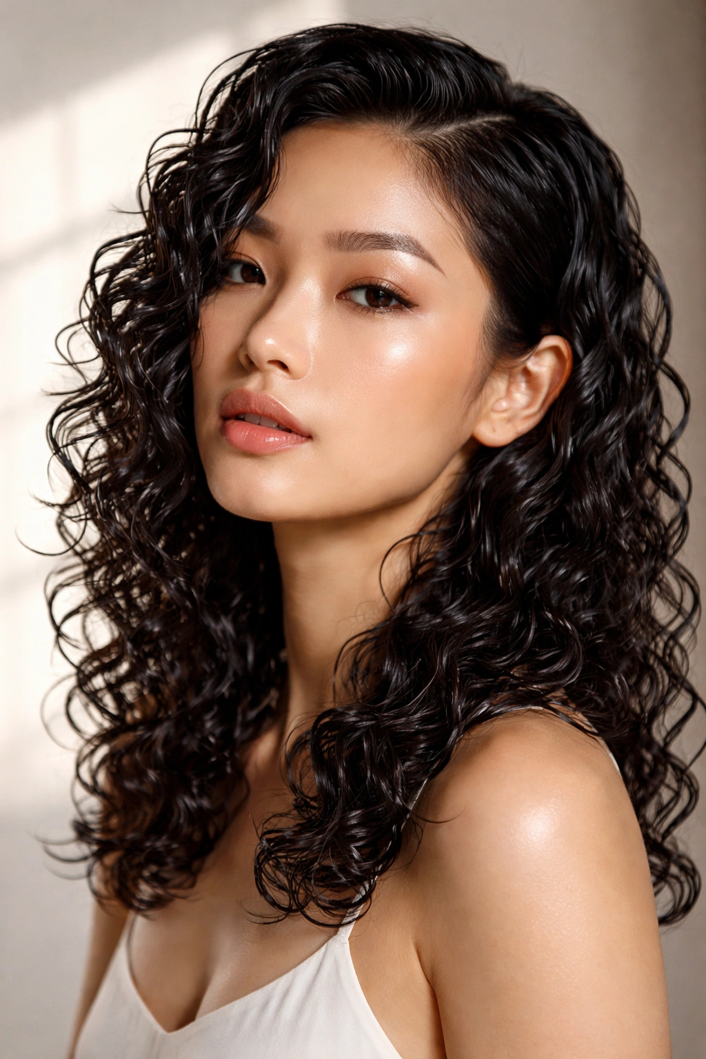 Close-up portrait of damp, glossy defined curls