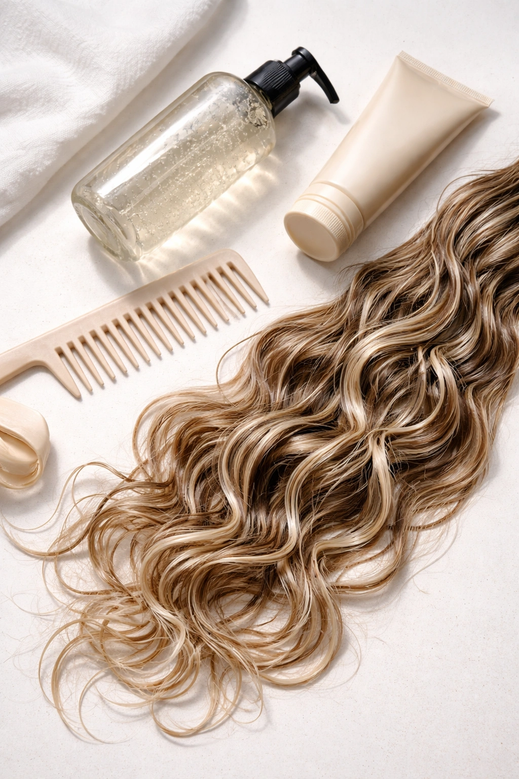 Overhead flat-lay of styling products and beige-toned wet-look curls.